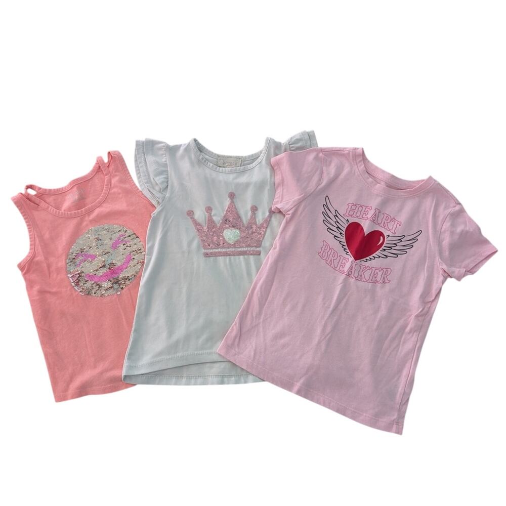 Girls 3 Piece Shirt Bundle Sequin Heart & Smiley Tank size 5/6